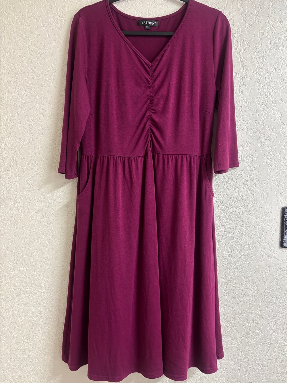 YATHON XL Burgundy Ruched Midi Dress Pockets Cottagecore Romantic